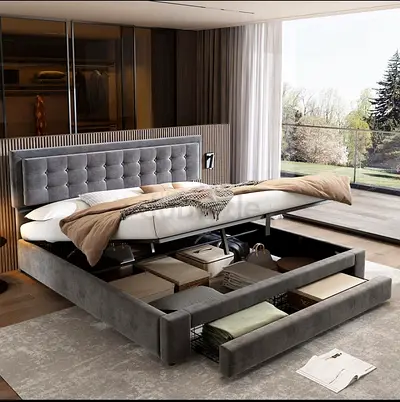 Modern Grey Upholstered Storage Bed with Lift-Up Base - King Size