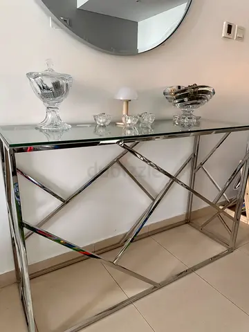 Glass Top Console Table with Chrome Frame - Good Condition