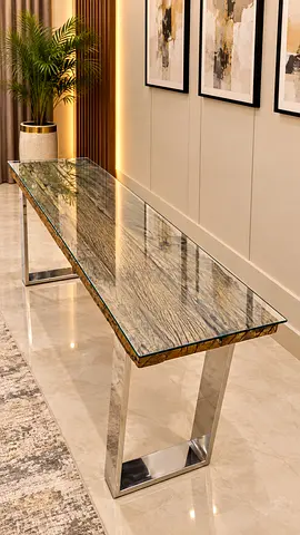 Marina Home Railway Wood Console With Glass Top