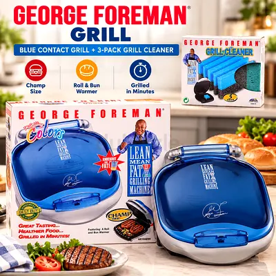 George Foreman Electric Grill - Champ Size with 3-Pack Grill Cleaner (Blue)