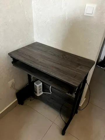 Adjustable height computer desk — compact, grey wood finish