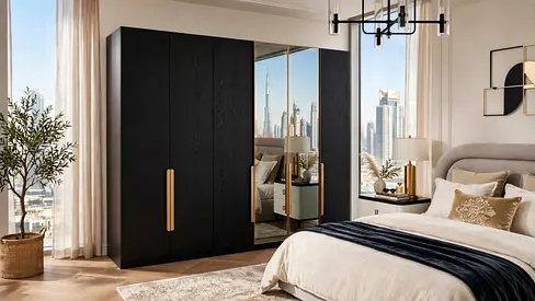Modern Black 4-Door Wardrobe with Mirrored Panels and Brass Handles