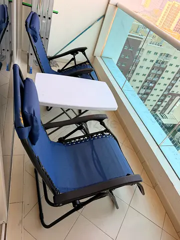 Set of 2 Outdoor Reclining Lounge Chairs with Small Side Table - Blue