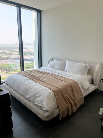 Modern upholstered king bed with mattress - excellent condition