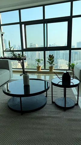 Set of 2 Round Black Metal and Glass Coffee & Side Tables - no stains, excellent condition