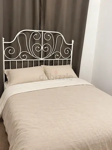 White Metal Double Bed Frame with Decorative Headboard
