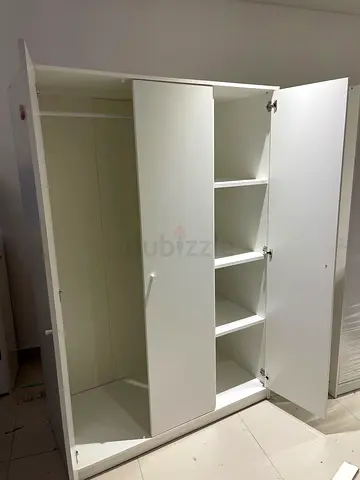 White 3-Door Wardrobe with Shelves and Hanging Rail - Good Condition