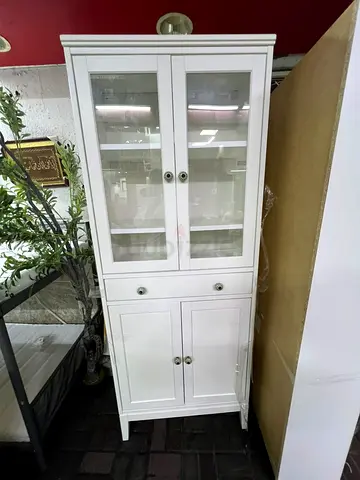 White Tall Display Cabinet with Glass Doors and Storage Drawers