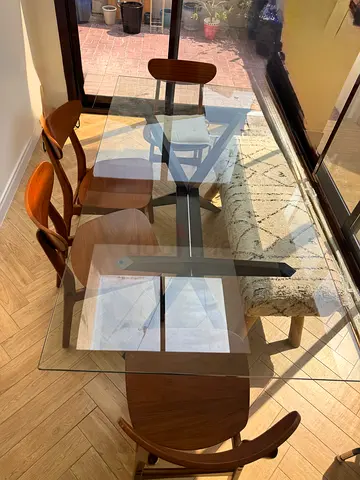 Glass Top Dining Table with 4 Mid-Century Wooden Chairs and bench