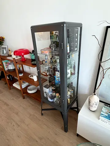 IKEA FABRIKÖR Glass Display Cabinet / Liquor Cabinet - Black Metal Frame, Good Condition