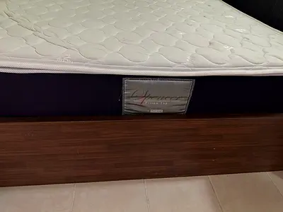 Queen size mattress with wooden bed base - good condition