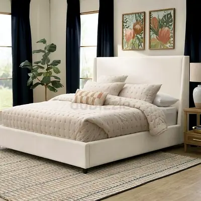 Upholstered Queen Size Bed Frame with Headboard - Ivory