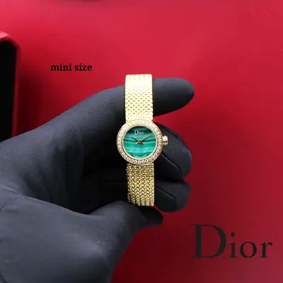 Mini Dior Ladies Gold Tone Master Quality Watch with Green Dial and Crystal Bezel