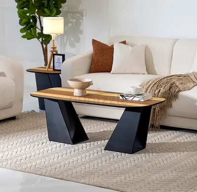 Modern wooden coffee table with black geometric legs - excellent condition