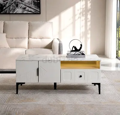 Modern white marble-top coffee table with storage