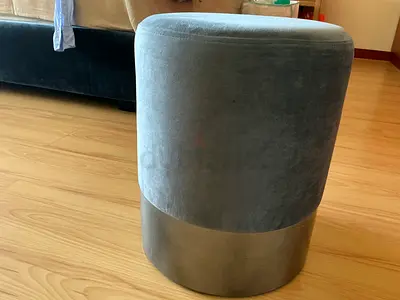 Gray Velvet Round Ottoman Stool with Brass Base