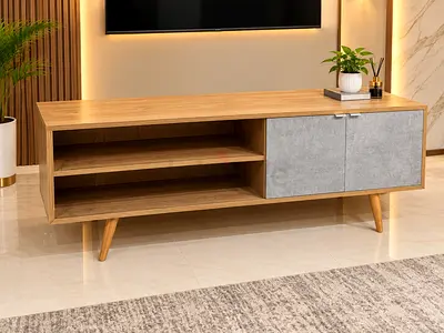 Wood TV Console with Storage Shelves and Cabinet - Light Oak