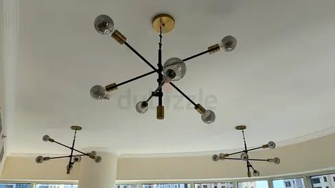 Set of 3 modern Sputnik ceiling light fixtures - black and brass finish