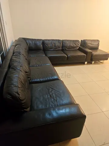 Large Black Leather L-shaped Sofa — Good Condition