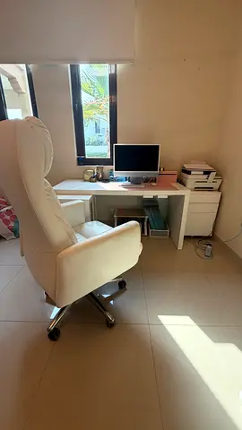 White ergonomic office desk with storage drawers