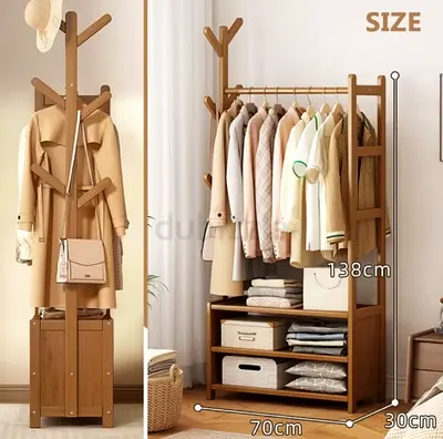 Wooden Freestanding Clothes Rack with Shelves and Coat Hooks