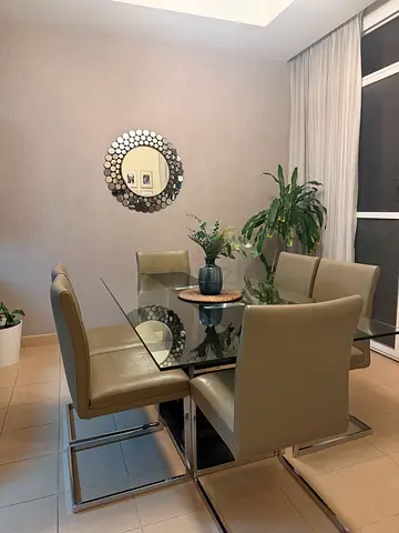 Glass Dining table with 6 leather seats
