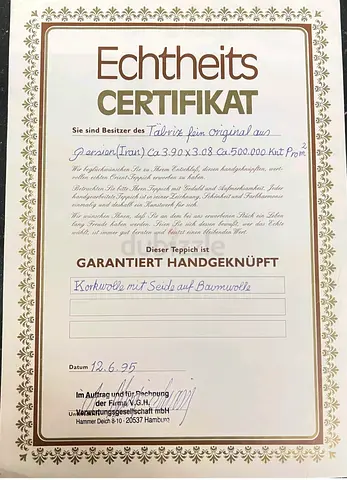 Authenticity Certificate (Echtheits Zertifikat) — Handknotted Carpet Certificate