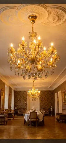 Large ornate crystal chandelier - classic gold finish, working condition