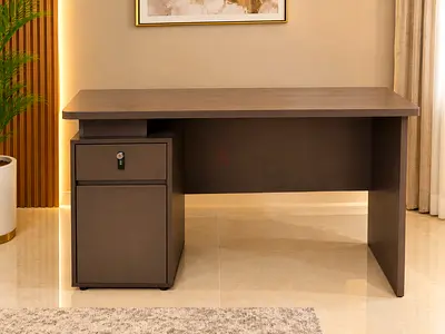 Wooden Office Desk with Lockable Drawer and Cabinet - Brown