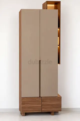 Modern tall wardrobe cabinet with side display shelf - walnut finish