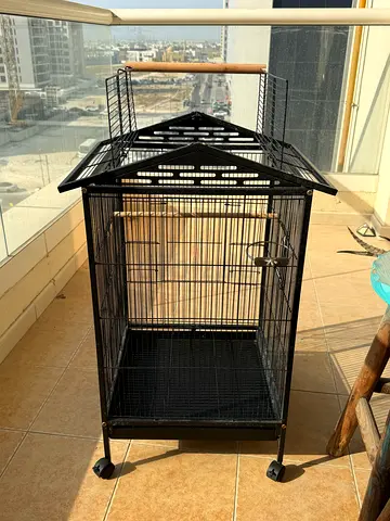 Large Black Metal Bird Cage on Wheels — Good Condition