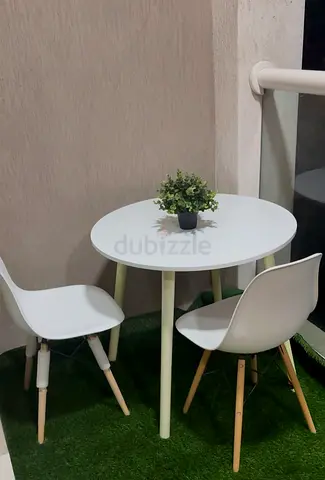Small round white dining table with 2 chairs - modern bistro set