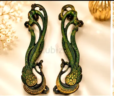 Pair of Vintage Green-Gold Decorative Peacock Door Pulls / Handles 2pc set available for sale.