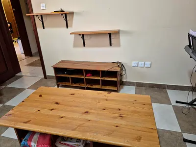 Solid Pine Coffee Table with Matching TV Console and Wall Shelves - Used