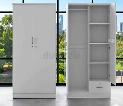 New White 2-Door Wardrobe with Shelves and Drawer