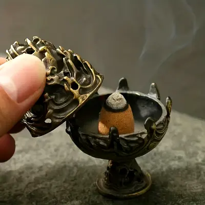 Small Antique Brass Incense Burner Censer with Lid - Decorative Collectible