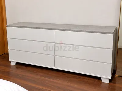 White 6-Drawer Low Dresser with Concrete-Effect Top