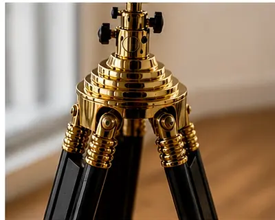 Vintage-style wooden tripod with brass fittings — decorative/photography stand