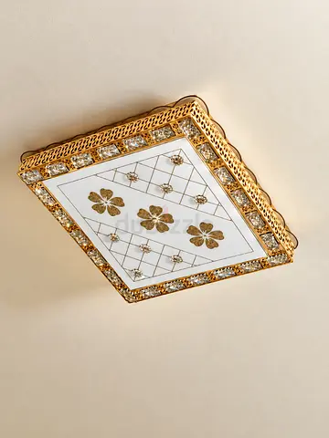 Square decorative ceiling light with gold trim and crystal accents