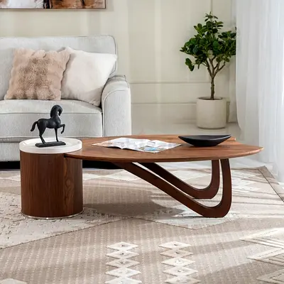 Solid Wood Modern Coffee Table with Curved Base - Walnut Finish