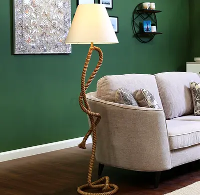 Nautical/Boho Style Natural Jute Rope Floor Lamp with White Shade
