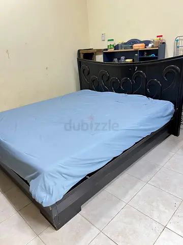 King Size wooden bed frame with carved headboard - black and Dressing Mirror