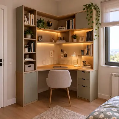 Corner study desk with shelving and drawers, built-in LED lighting - good condition