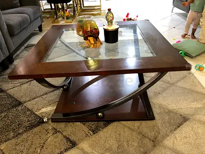 Wood and glass square coffee table with lower shelf