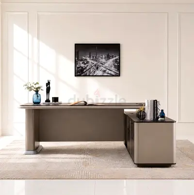 Modern executive office desk with attached storage - beige finish
