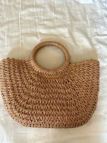 Handmade woven straw round-handle tote bag