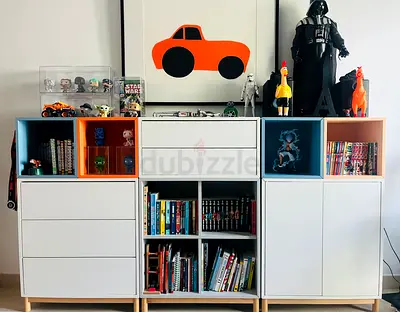 IKEA KALLAX-style modular storage unit with drawers and shelves