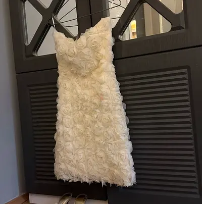 White floral textured mini dress, strapless/baby doll style