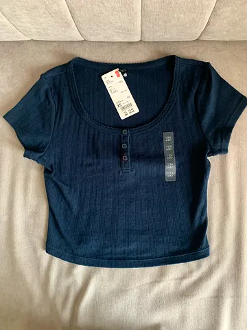 Uniqlo Navy ribbed short-sleeve henley top - brand new with tags, size S