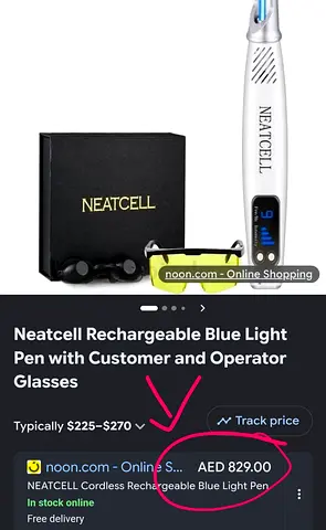 Neatcell Blue Light Pen with Protective Glasses. New. Unused. Worth over AED 800. Selling: AED 350.